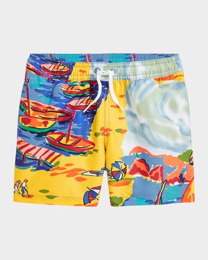 Boy's Seaside Village-Print Swim Shorts, Size 2-7