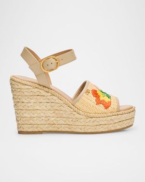 Bribri Raffia Flower Wedge Espadrille Sandals