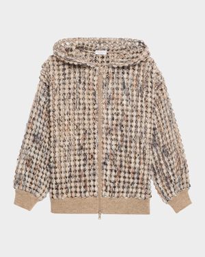 Pailette Wool-Cashmere Net Balloon-Sleeve Zip Hoodie