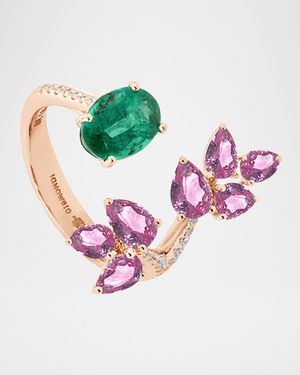 18k Rose Gold Open Emerald-End Ring with Diamonds and Sapphires, Size 7