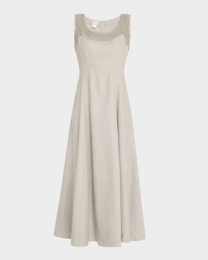 Square-Neck Linen Dress with Knit Trim