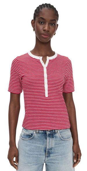 Madewell Striped Elbow-Sleeve Henley Tee Cherry Red Stripe S