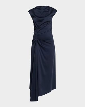 Pleated Draped High-Neck Midi Dress