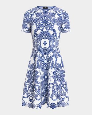 Blue Medallion Lace Effect Short-Sleeve Knit Dress