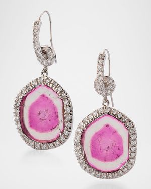 Estate 18K White Gold Diamond and Pink Tourmaline Disc Cluster Drop Earrings