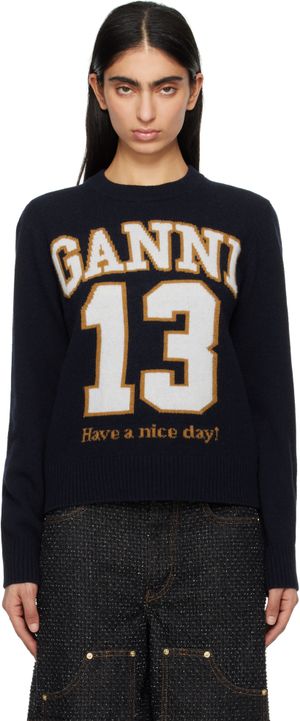 GANNI Navy Graphic Wool Mix Baseball Sweater