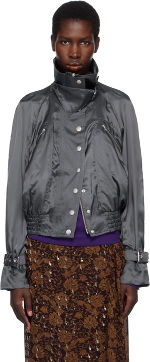 Dries Van Noten Gray Satin Bomber Jacket