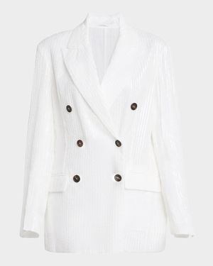 Sequined Stripe Double-Breasted Organza Jacket