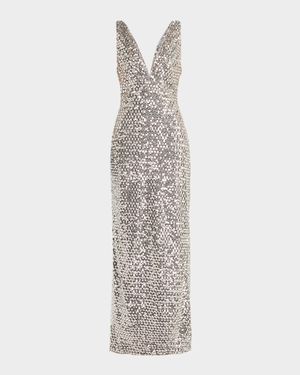Ellie Deep V-Neck Bead & Sequin Column Gown