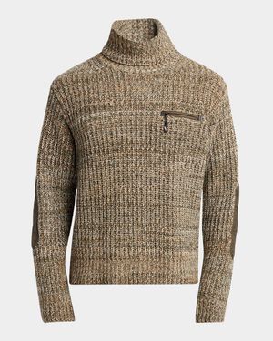 Men's Wool Rib Elbow-Patch Turtleneck Sweater