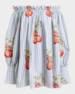 Floral-Embroidered Striped Off-Shoulder Mini Dress