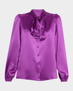 Bow-Neck Silk Button-Down Blouse