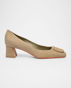 Suede Block Heel Buckle Pumps