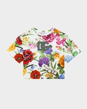 Girl's Floral Interlocked Logo-Print T-Shirt, Size 8-14