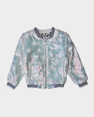 Girl's Iridescent Star Sequined Bomber Jacket, Size 2-14