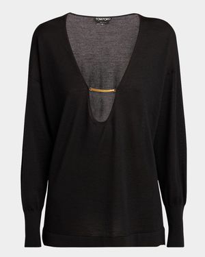 Plunging Cashmere-Silk Knit Sweater