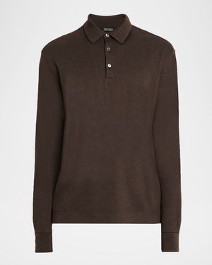 Men's Leather-Trim Long-Sleeve Polo Shirt