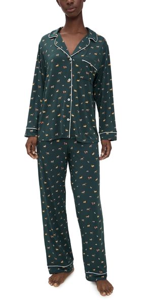 Eberjey Gisele Printed Long Pajama Set Holiday Dogs Pine/Ivory XS