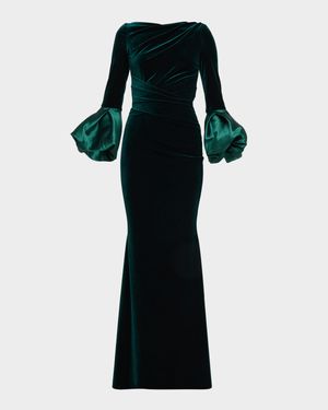 Stretch Velvet and Mikado Trumpet-Sleeve Gown