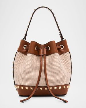 Rockstud Drawstring Canvas & Leather Bucket Bag