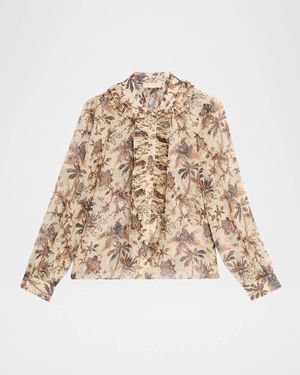 Nina Metallic Fil-Coupe Chiffon Ruffle Button-Down Blouse