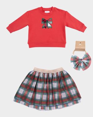 Girl's 3-Piece Holiday Plaid Sweatshirt & Skirt Set, Size 6M-3