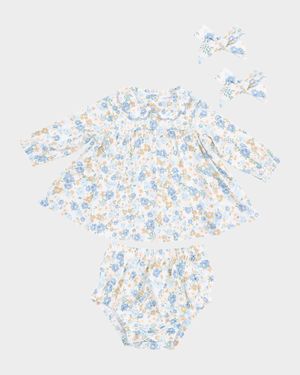 Girl's Sweet Rose Calico Dress, Diaper Cover & Bow Clips Set, Size 0M-24M