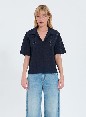 Zapa - Top Col V en coton - Taille 46 - Bleu