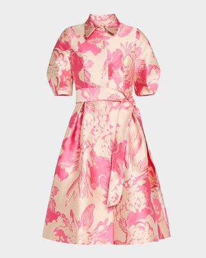 Floral Jacquard Puff-Sleeve Shirtdress