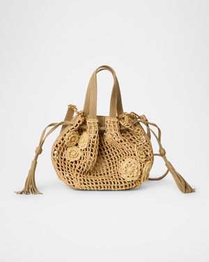 Orion Small Floral Applique Woven Raffia Hobo Bag