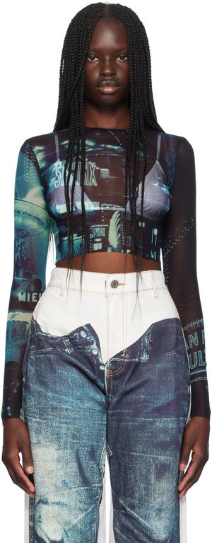Jean Paul Gaultier Blue 'The Pigalle Crop' Long Sleeve T-Shirt