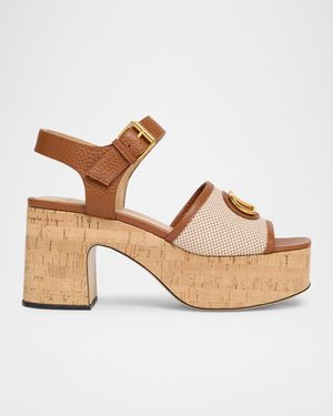 VLogo Signature Canvas and Leather Platform Sandals