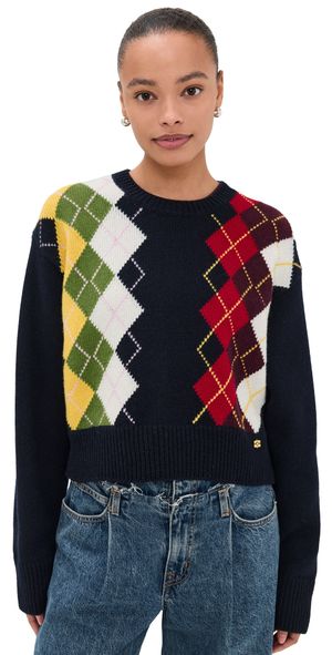 GANNI Chunky Wool Mix Argyle Knit Pullover Sky Captain XS