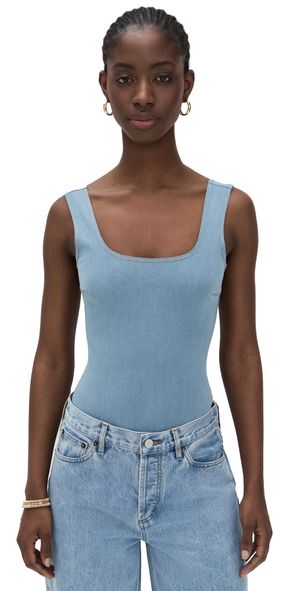 Commando Do It All Denim Square Neck Thong Bodysuit Washed Indigo XL