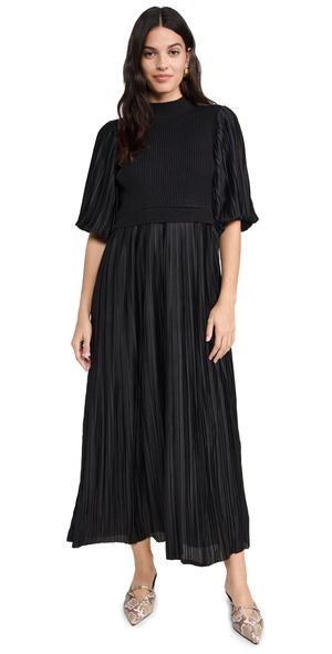 English Factory Pleated Mix Media Maxi Dress Black XS