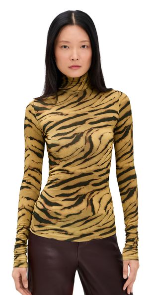 GANNI Printed Shiny Jersey Turtleneck Khaki 32