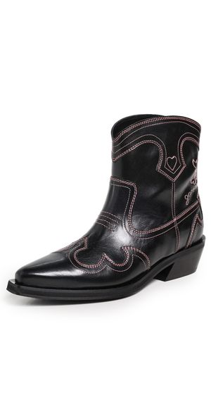 GANNI Low Shaft Embroidered Western Boots Black/Pink 41