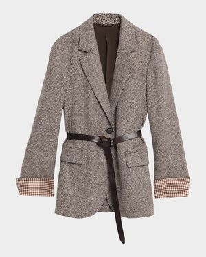 Belted Tweed Single-Breasted Blazer