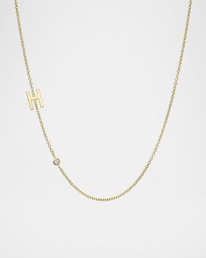 14k Gold Asymmetrical Initial and Bezel Diamond Necklace