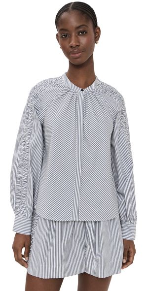 Merlette Tiana Ruched Blouse Navy Yarn Dyed Stripe M