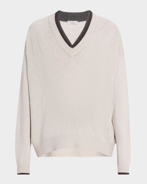 Cashmere Contrast Stripe V-Neck Sweater