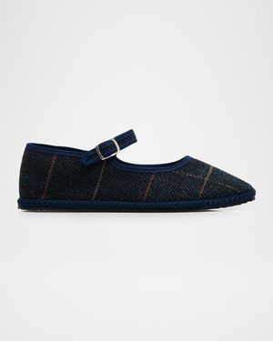 Mary Jane Plaid Herringbone Wool-Blend Flats