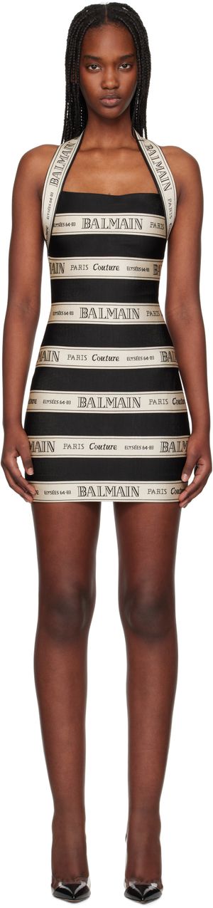 Balmain Robe courte noir et blanc cassé à corsage bain de soleil et à motif à logos en jacquard