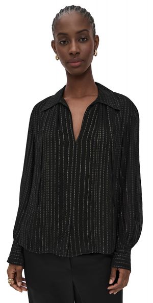 Vince Gathered Metallic Stripe Blouse Black XL