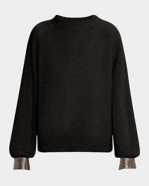 Monili-Cuff Cashmere Rib Crewneck Sweater