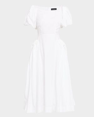 Bow Puff-Sleeve Fit-&-Flare Midi Dress