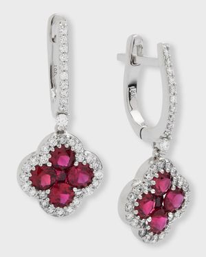 18K Ruby and Diamond Flower Hoop Drop Earrings, 0.83tcw, 1.25" / 0.50"W