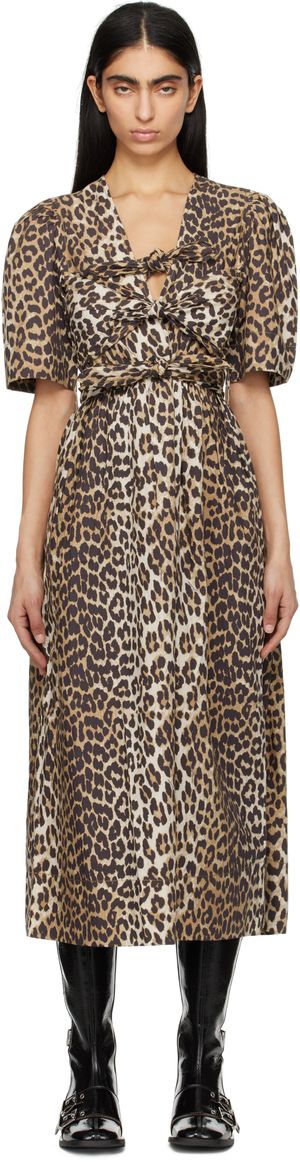 GANNI Beige & Brown Leopard Printed Cotton Tie Strap Midi Dress