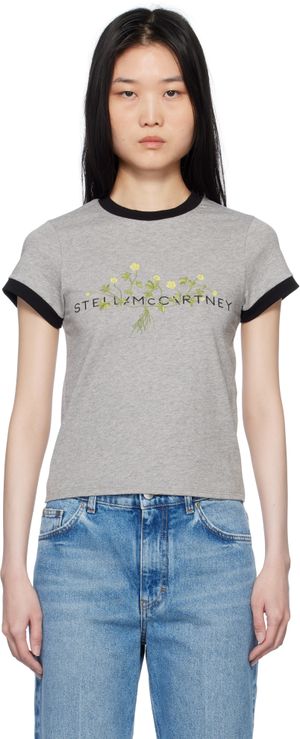 Stella McCartney Gray Logo Floral Embroidered T-shirt