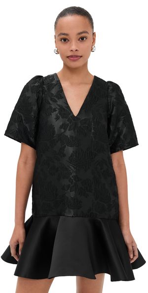 GANNI Satin Cloque Mini V Neck Dress Black 36